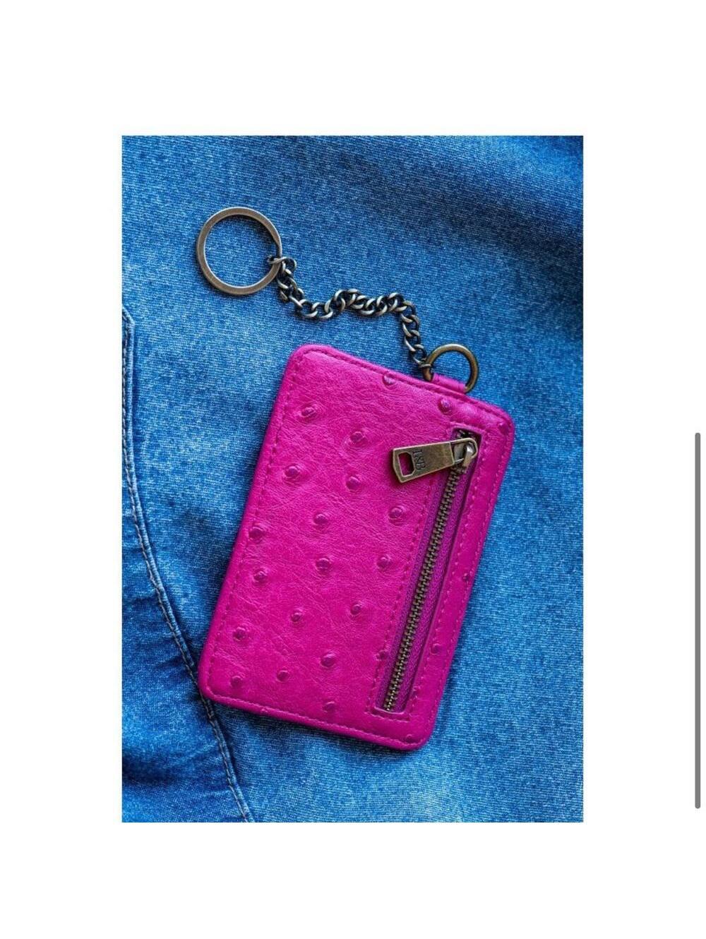 L&B Vibrant Pink Leather Keychain Wallet with Zipper